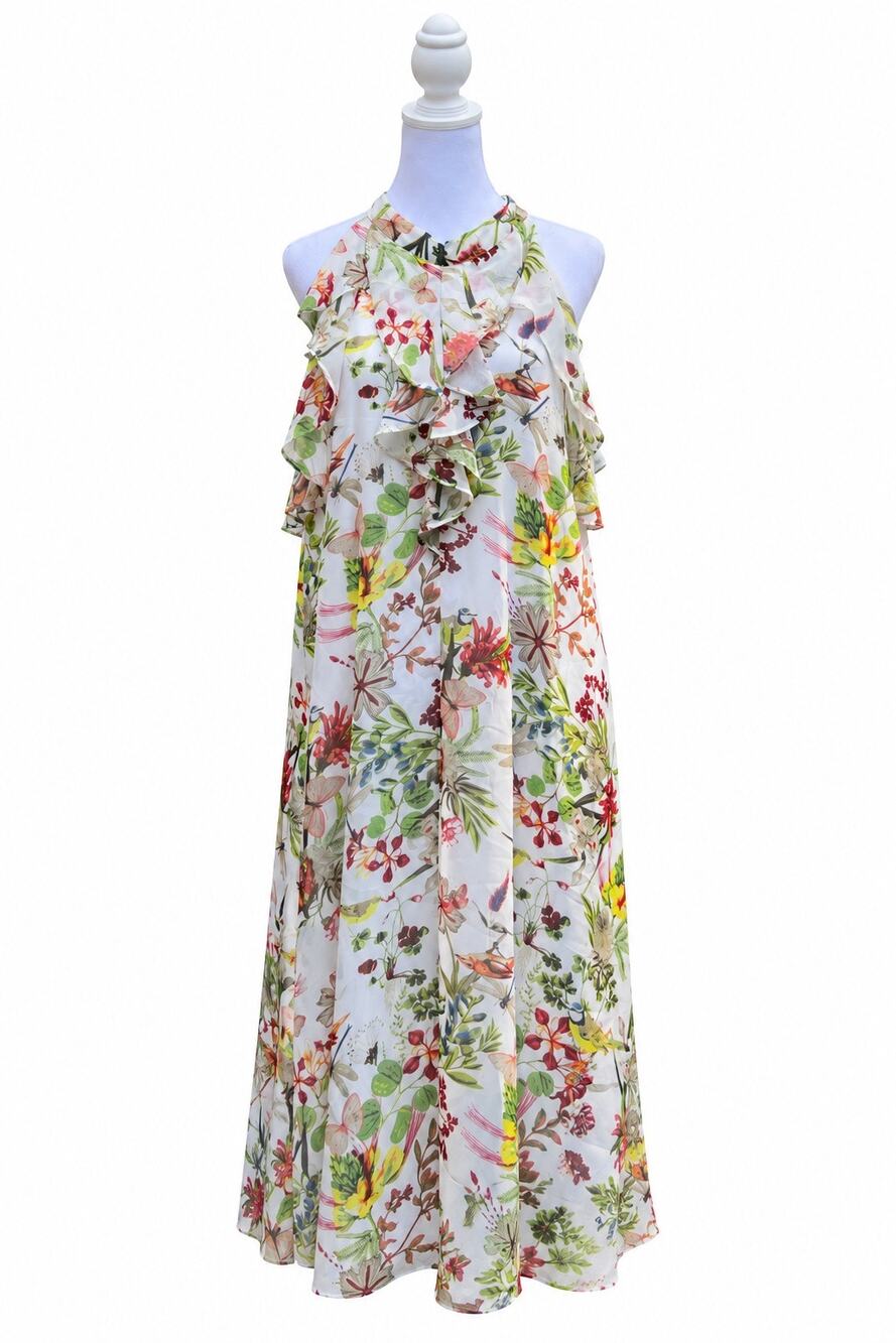 Spense Dress Womens 14 Botanical Bird Butterfly Floral Halter Cascading Ruffle